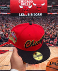 New Era Chicago Bulls 59Fifty fitted hat features a red crown and black visor with "Chicago" embroidered in script