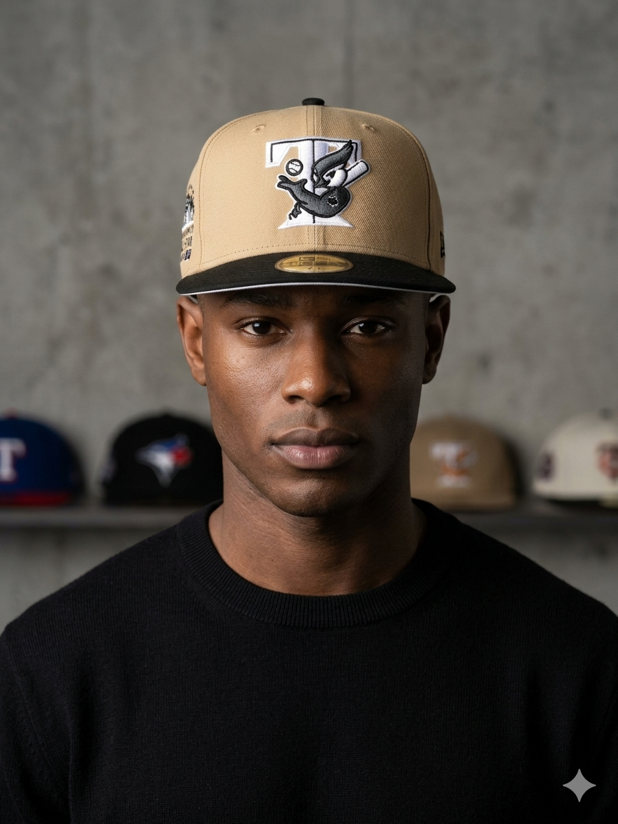 New Era Toronto Blue Jays 59FIFTY fitted cap, featuring a distinctive Vegas gold crown and a contrasting dark visor.