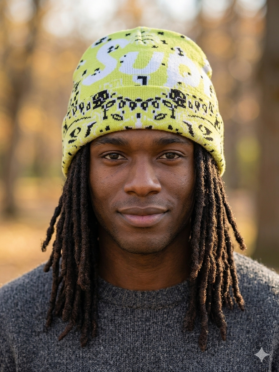 Supreme Bandana Big Logo Beanie in a yellow and black colorway featuring a distinctive paisley bandana pattern.