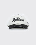 New Era 9FORTY A-Frame cap features black embroidered "Las Vegas Raiders" script text across a white structured crown