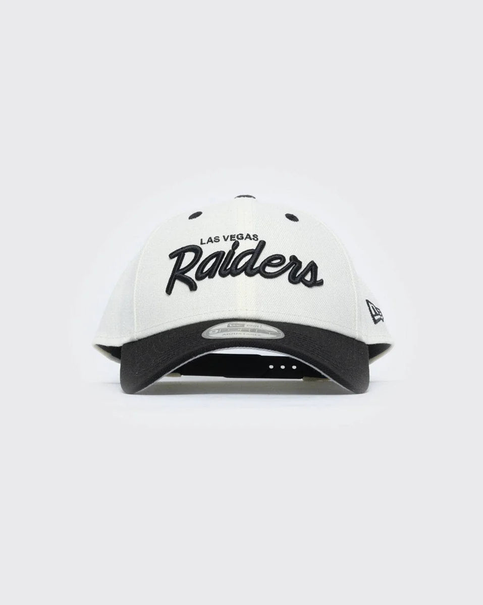 New Era 9FORTY A-Frame cap features black embroidered "Las Vegas Raiders" script text across a white structured crown