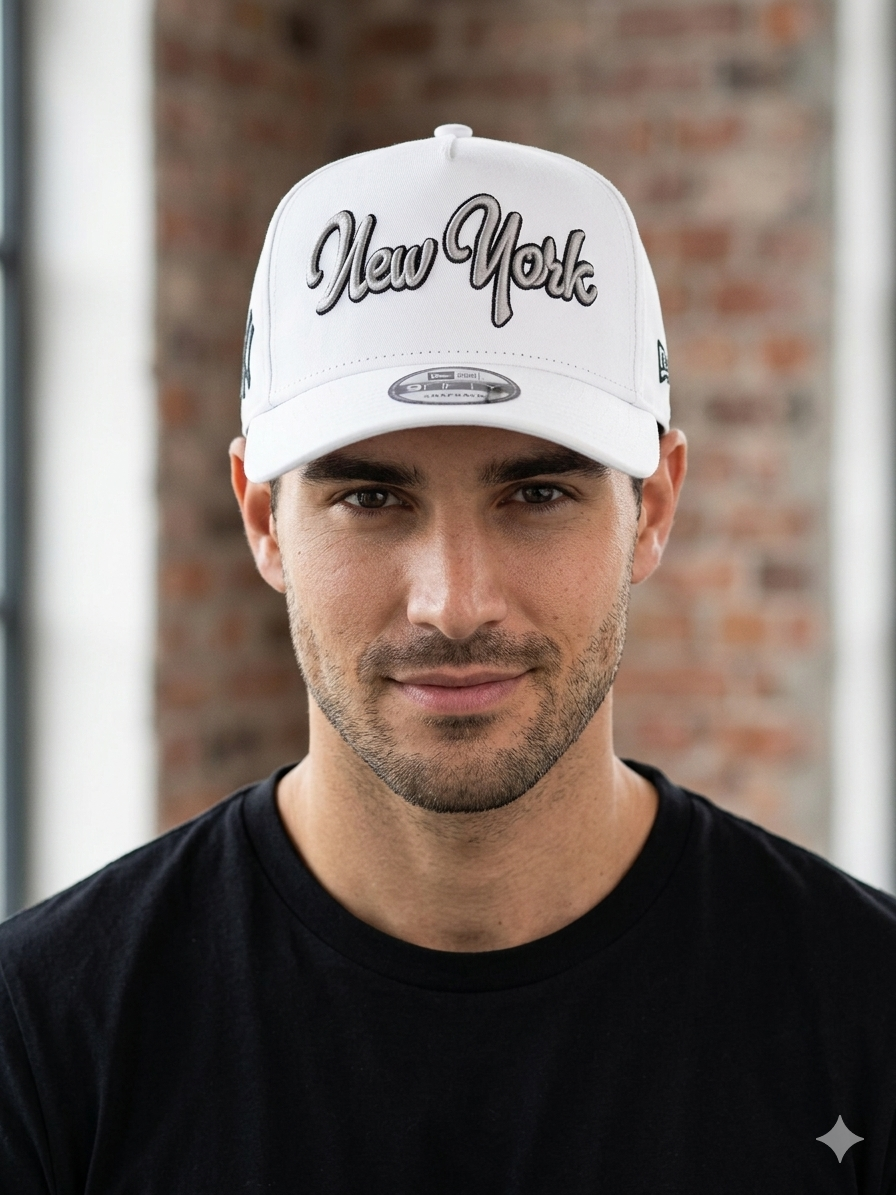 47 Brand White New York Yankees Overhand Script Hitch Adjustable Hat featuring bold embroidered script