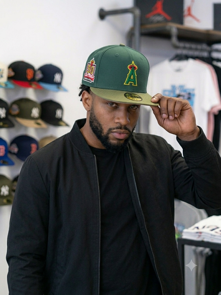 New Era 59Fifty Los Angeles Angels fitted cap featuring a green crown, a matching green visor, and a special side patch