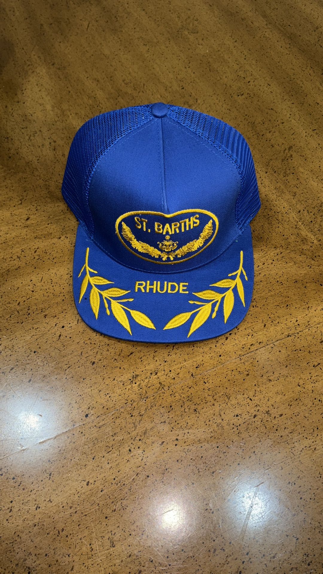 Rhude Doubler Hat in cobalt blue with St. Barths and leaf embroidery.