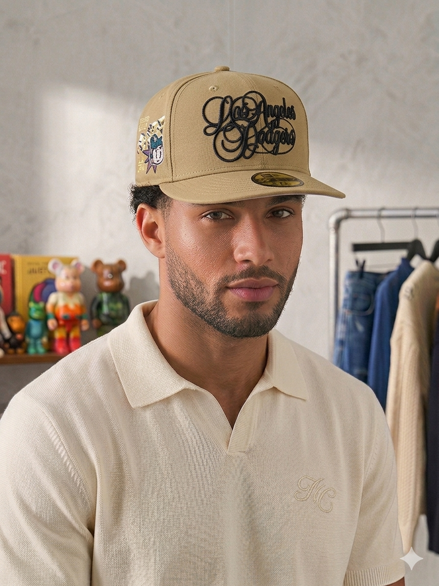 New Era 59FIFTY Los Angeles Dodgers hat features black script embroidery on the front panel.