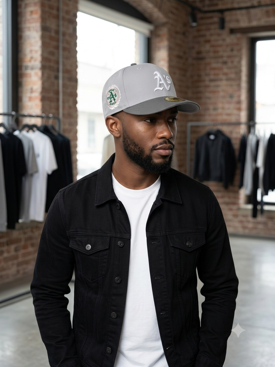 New Era 59FIFTY Oakland Athletics fitted hat features a light gray crown with a darker gray visor.