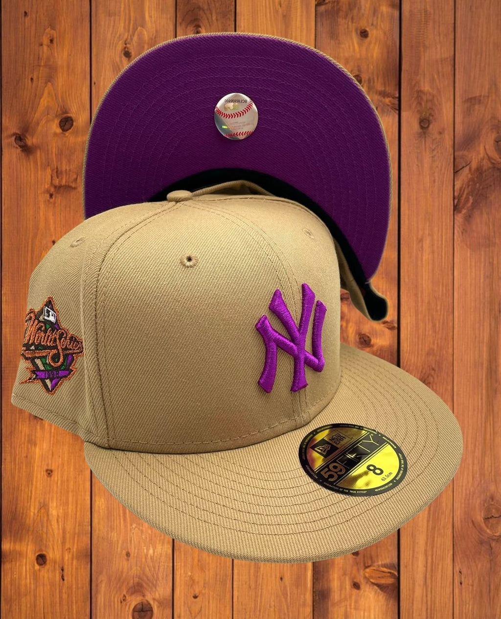 New Era New York Yankees Two-Tone Color Pack 59FIFTY fitted hat in a camel/wheat and purple colorway
