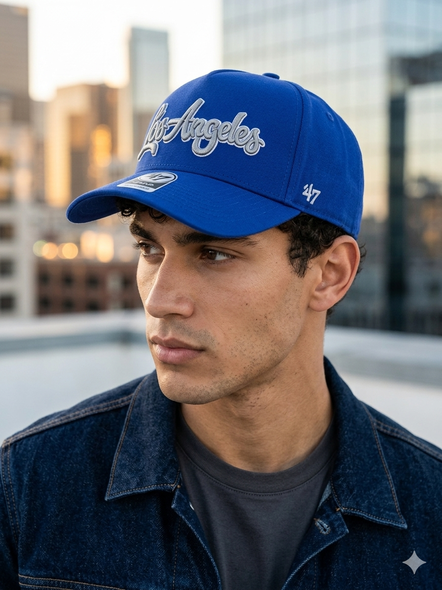 blue '47 Brand Los Angeles Dodgers hat features a prominent script logo embroidered on the front.