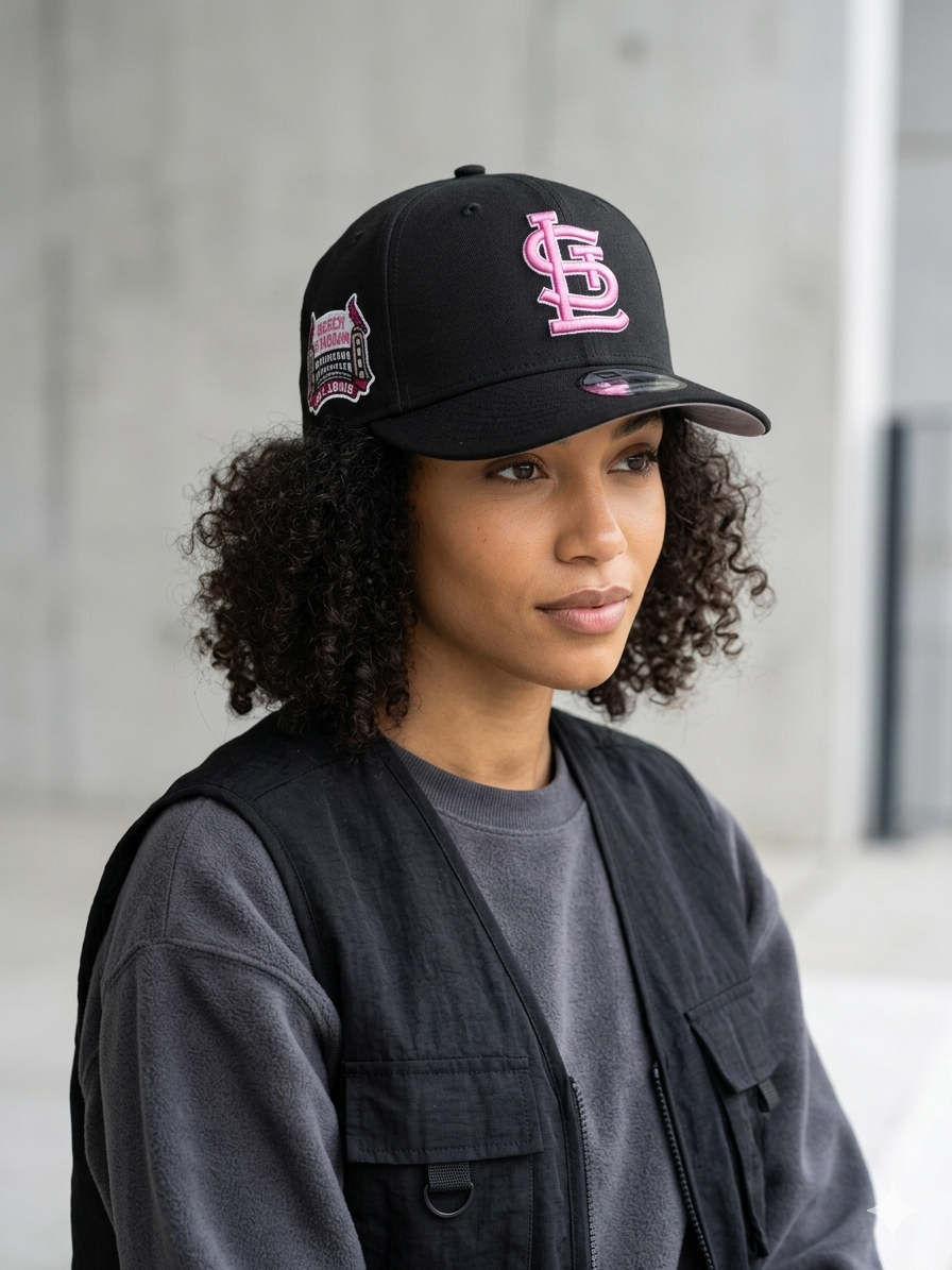 New Era St. Louis Cardinals 9FORTY A-Frame hat features a prominent pink embroidered logo on a black crown