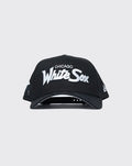 New Era Chicago White Sox script A-Frame snapback features a structured black crown and white embroidered lettering.