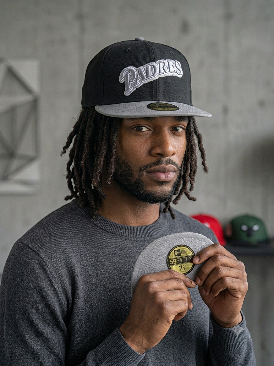 New Era 59Fifty fitted cap for the San Diego Padres, featuring a black crown, a gray visor, and a script logo on the front.