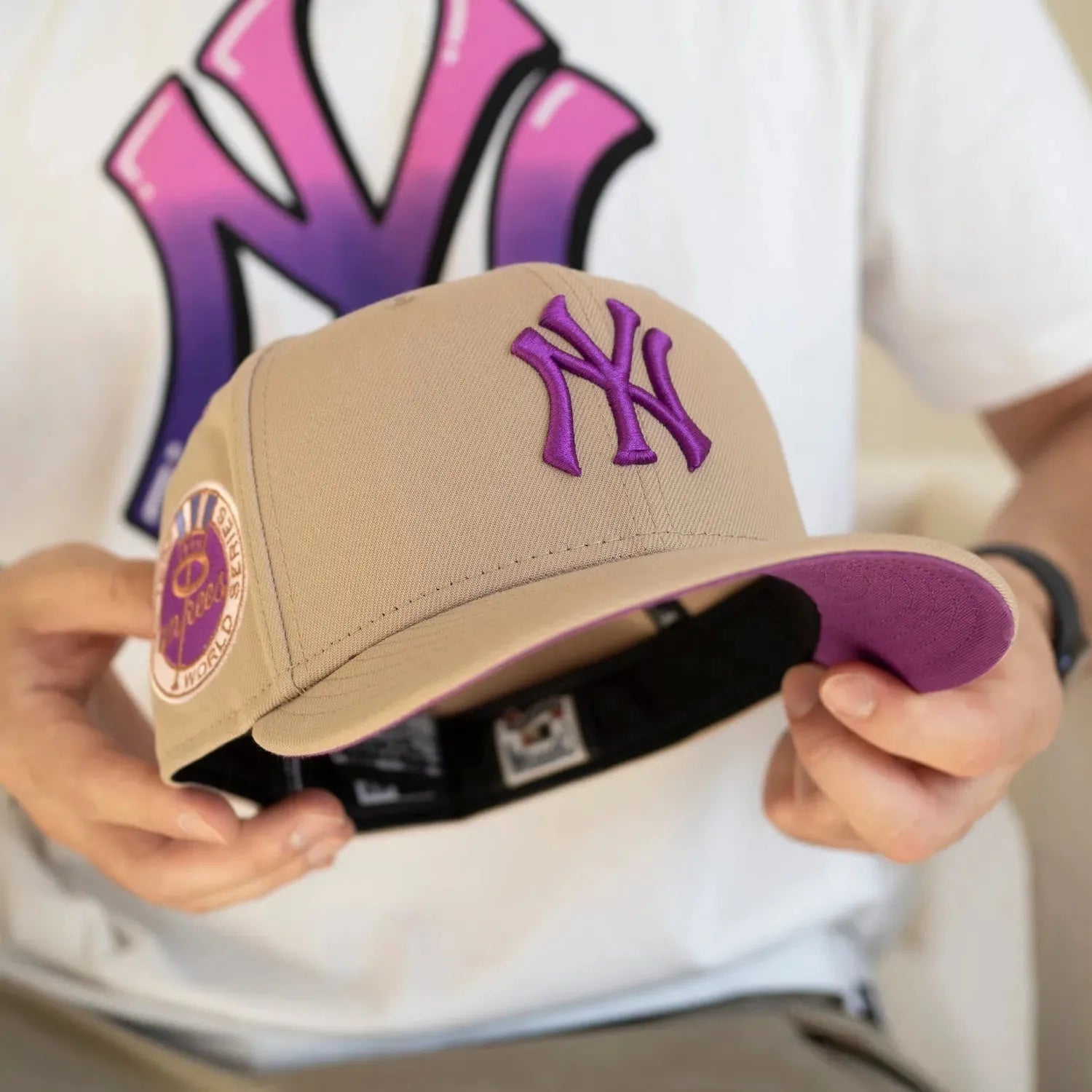 New Era New York Yankees Two-Tone Color Pack 59FIFTY fitted hat in a camel/wheat and purple colorway