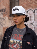 Francisco 49ers black washed denim shacket with snap closures.
