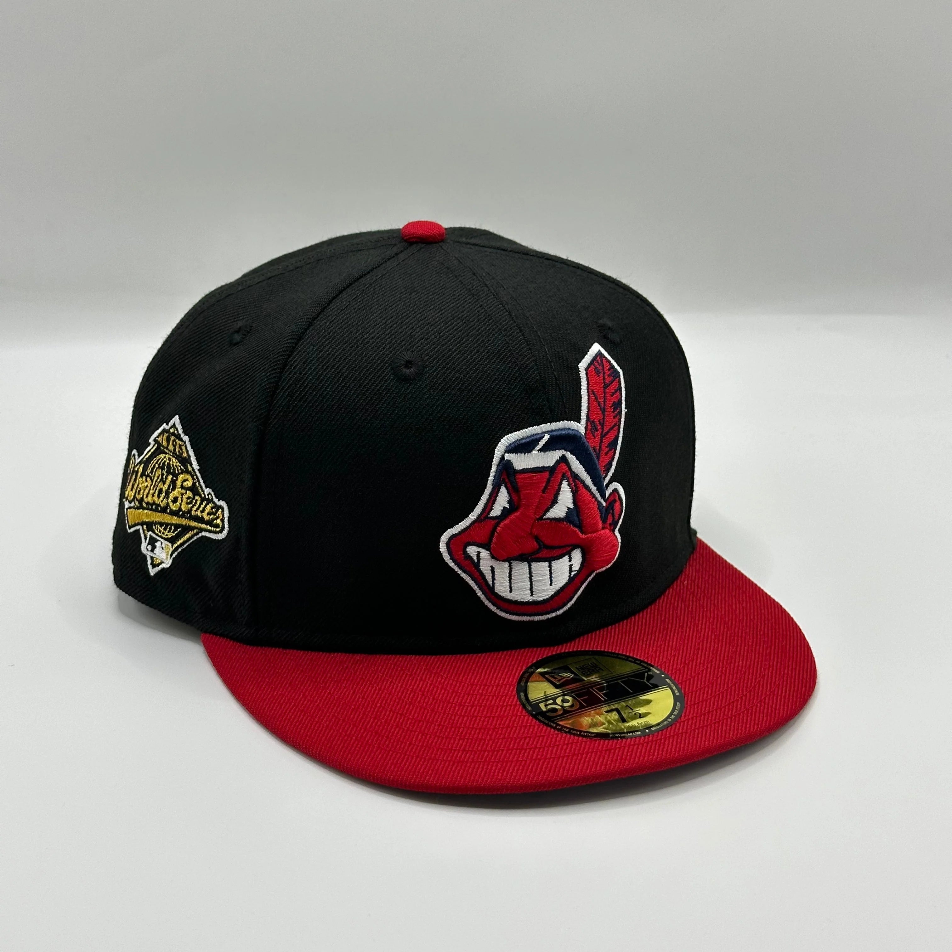 New Era 59Fifty fitted hat features a black crown with the Cleveland Indians Chief Wahoo logo and a 1995 World Series side patch