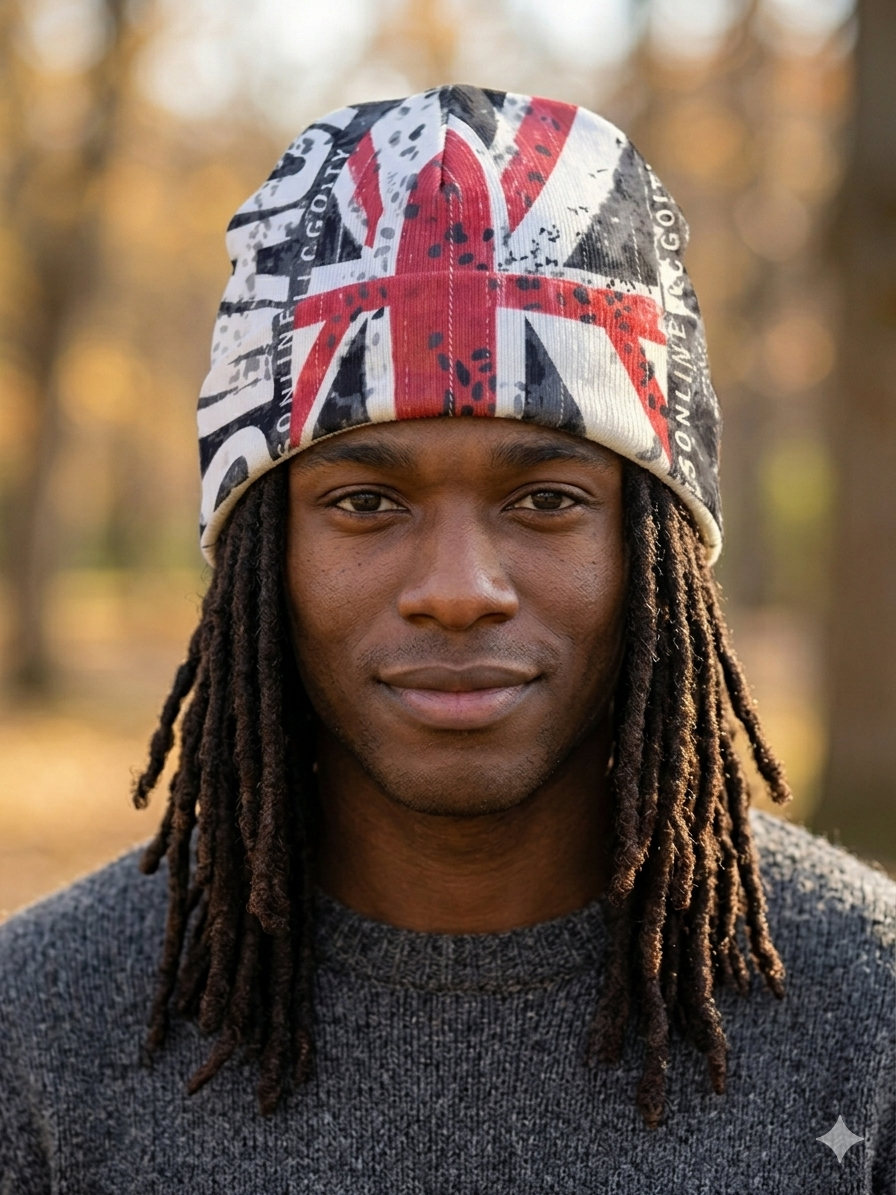 Y2k Archive UK flag beanie hat featuring a graphic design of the British flag.