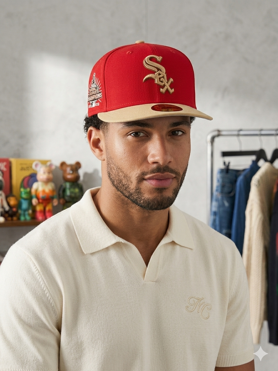 New Era Chicago White Sox 59FIFTY fitted cap featuring a red crown, a gold logo, and a beige brim