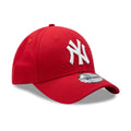 New Era 9FORTY New York Yankees cap features a vibrant red color and a stark white embroidered NY logo.