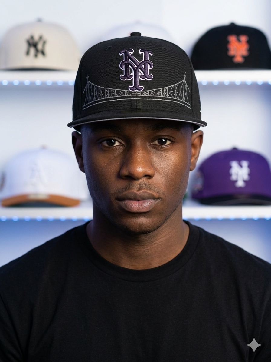 New Era New York Mets City Connect 59FIFTY fitted hat features a dark charcoal crown with an embroidered bridge design.