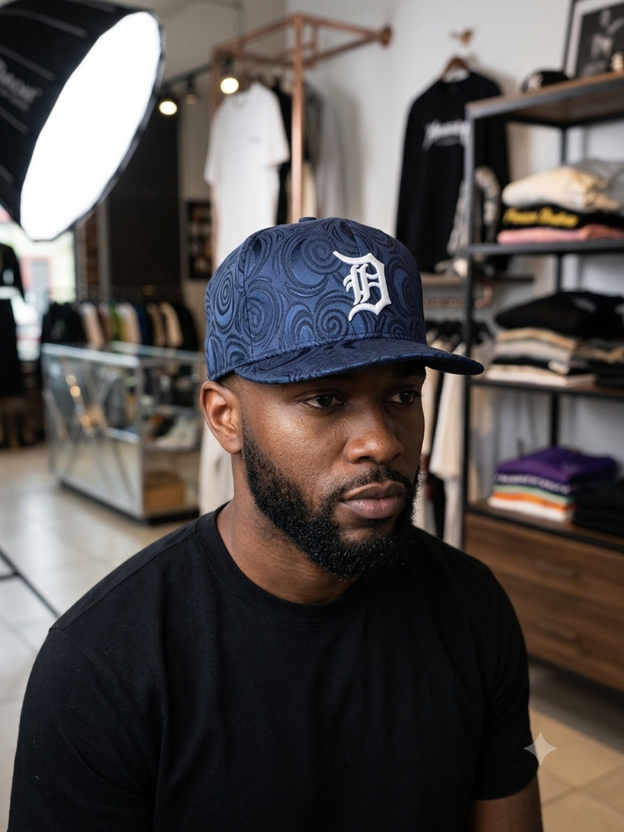 New Era 59Fifty Detroit Tigers cap featuring a navy blue swirl paisley pattern.
