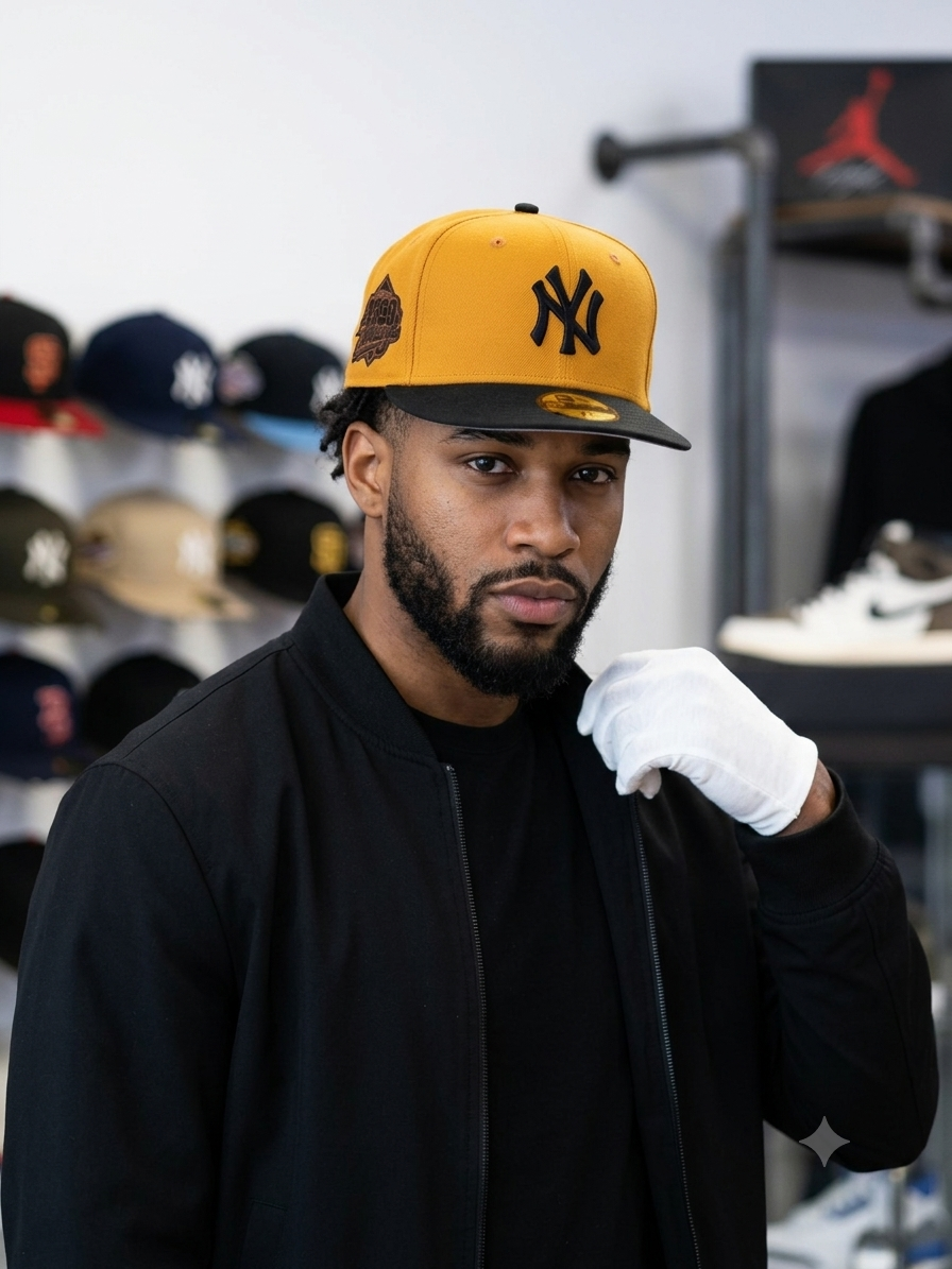 New Era New York Yankees 59FIFTY fitted hat features a distinctive mustard yellow crown and a contrasting black brim.