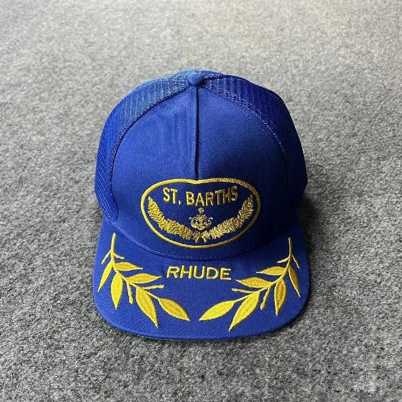 Rhude Doubler Hat in cobalt blue with St. Barths and leaf embroidery.