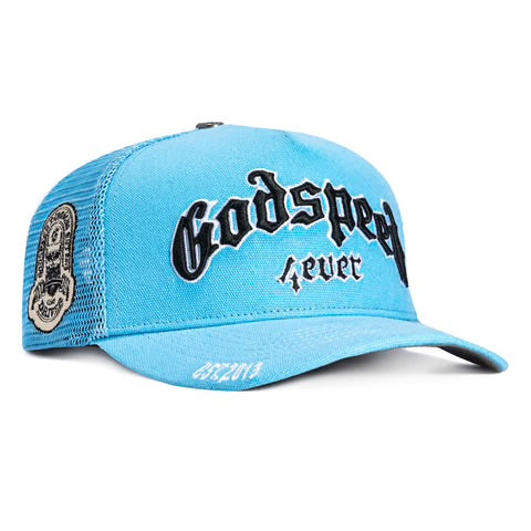 Godspeed GS Forever Trucker Hat in royal blue and black.