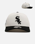 New Era Chicago White Sox 9FORTY A-Frame snapback hat featuring a black embroidered logo on a white crown.