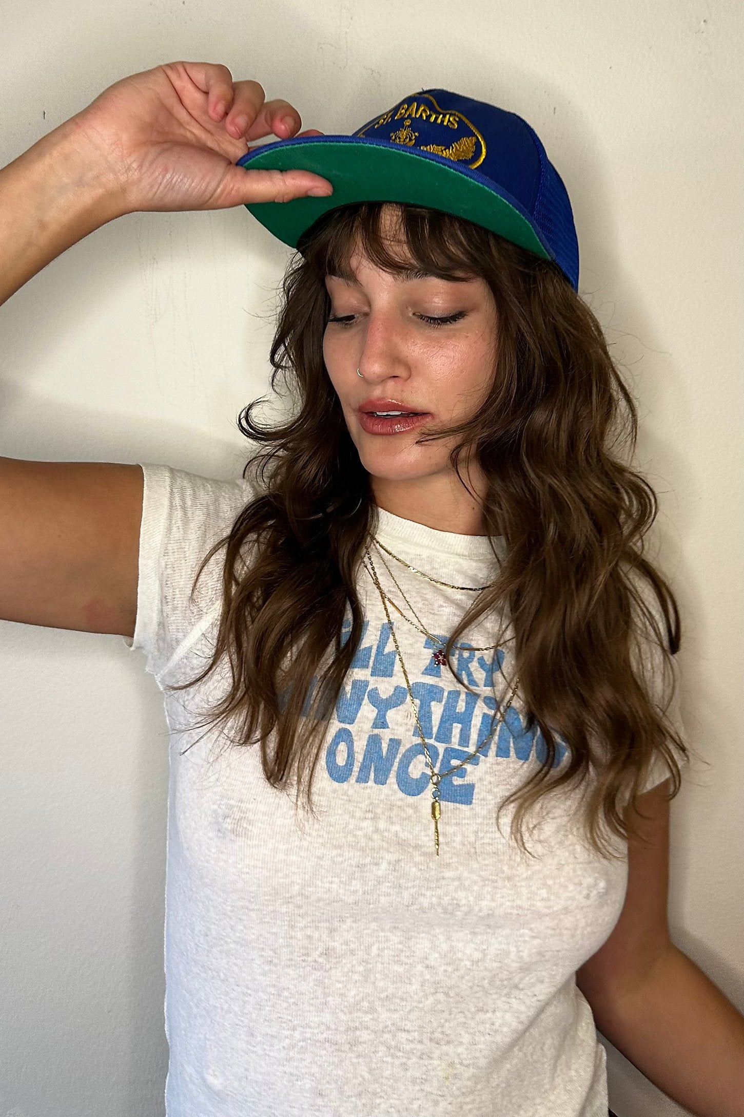 Rhude Doubler Hat in cobalt blue with St. Barths and leaf embroidery.