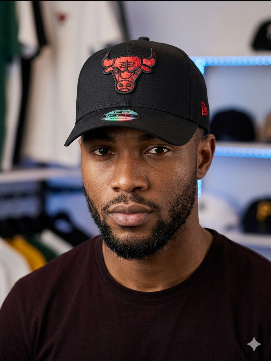 black New Era 9FIFTY cap features a prominent red embroidered Chicago Bulls logo on the crown.