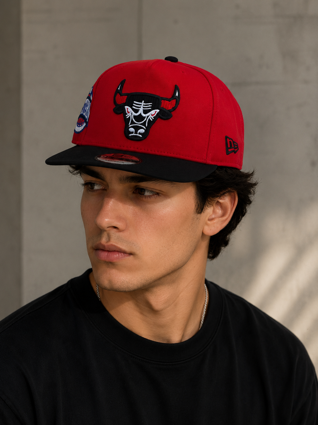 red and black New Era 9FIFTY Chicago Bulls NBA patch cap.