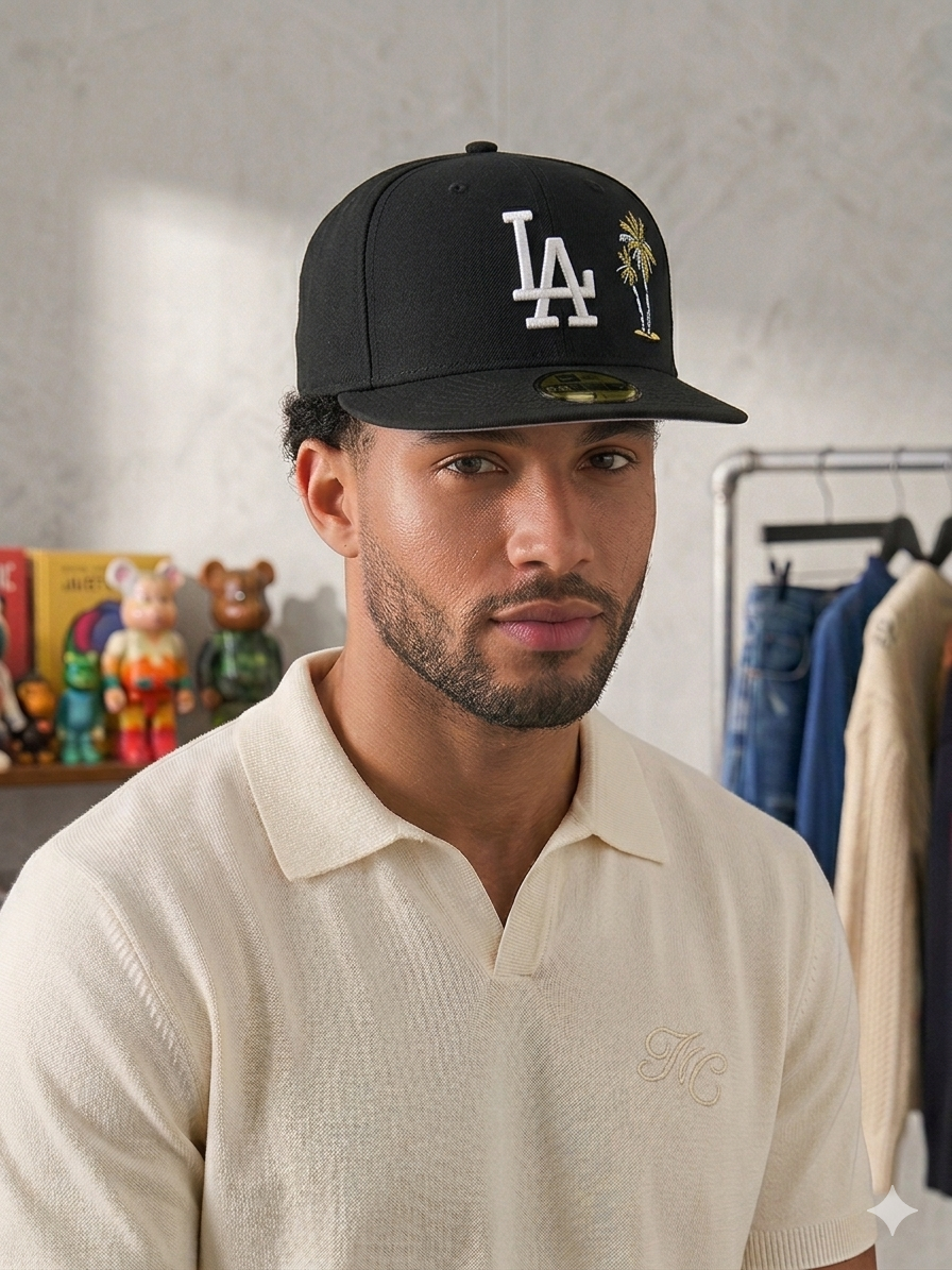 black New Era Los Angeles Dodgers 59FIFTY fitted hat features a white embroidered "LA" logo and a contrasting palm tree graphic.