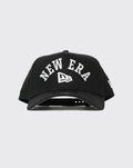 black New Era 9FORTY A-Frame cap featuring white embroidered "NEW ERA" arch lettering.