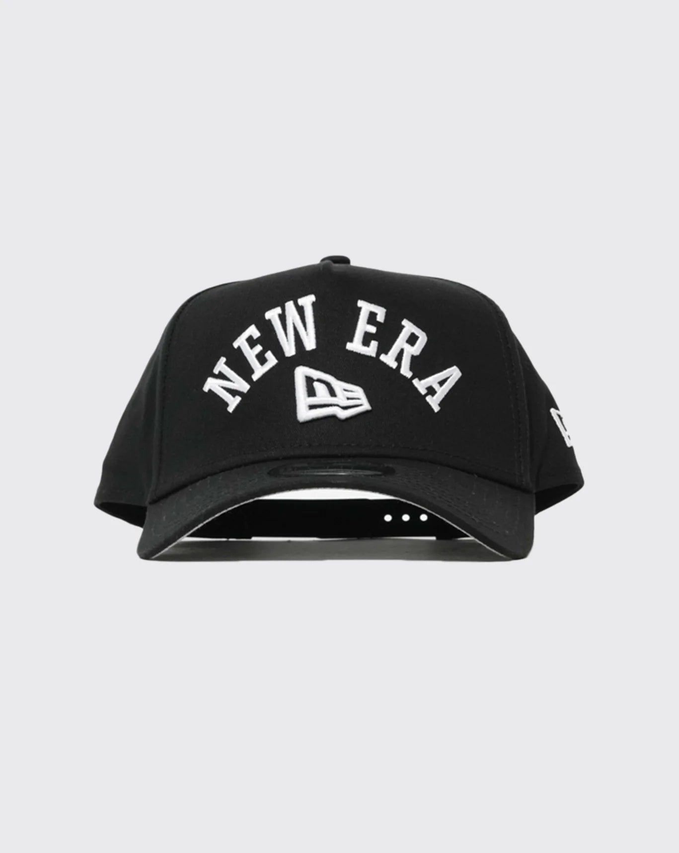 black New Era 9FORTY A-Frame cap featuring white embroidered "NEW ERA" arch lettering.