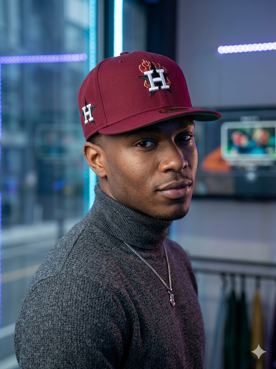 maroon New Era Houston Astros cap features a unique flaming "H" logo on the front and stars on the side