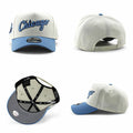 New Era Chicago White Sox 9FORTY A-Frame snapback features a cream-colored crown with a prominent light blue script "Chicago" embroidery.