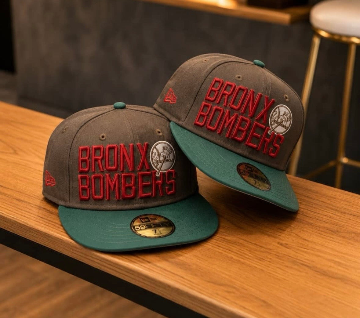New Era New York Yankees "Bronx Bombers" cap featuring a brown crown and green visor.