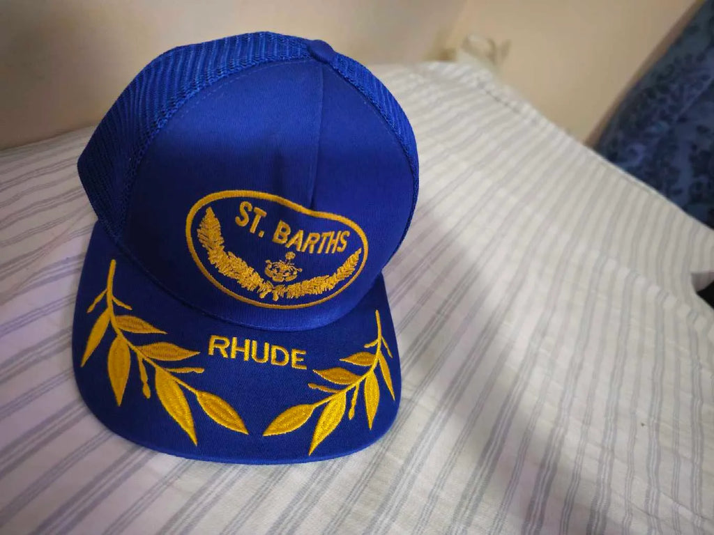 Rhude Doubler Hat in cobalt blue with St. Barths and leaf embroidery.