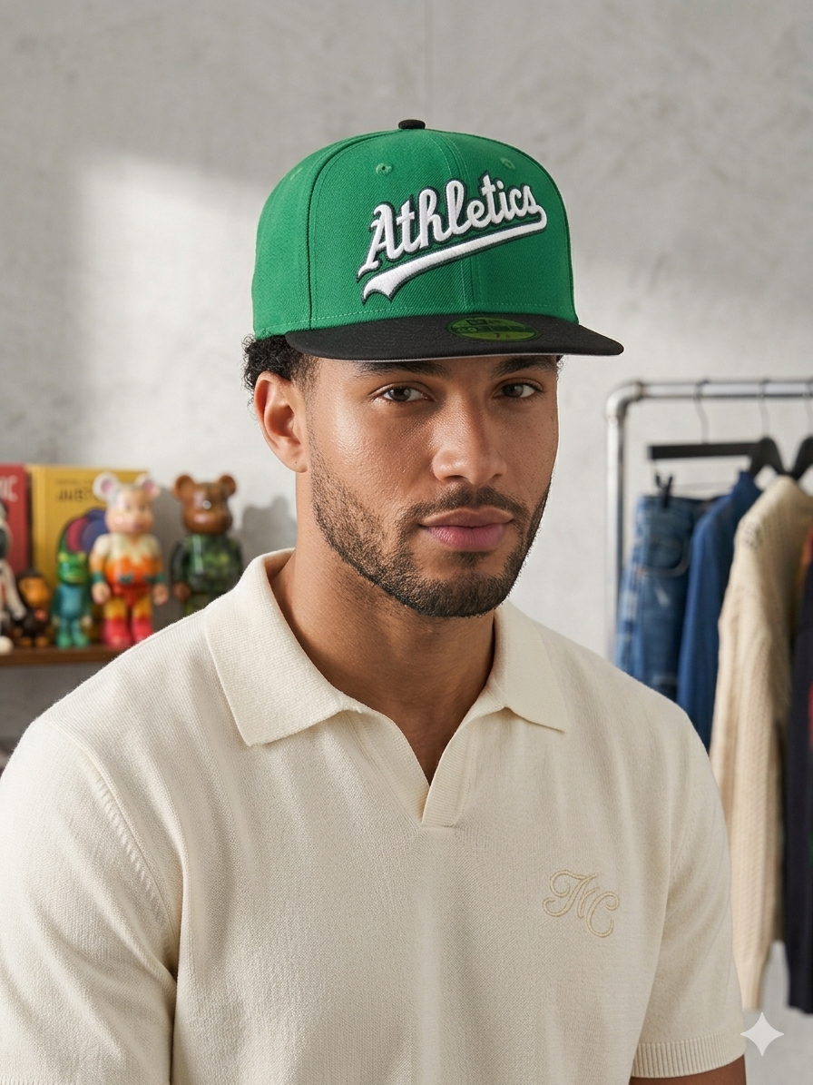 New Era 59FIFTY Oakland Athletics fitted cap features a vibrant green crown with a contrasting black brim.