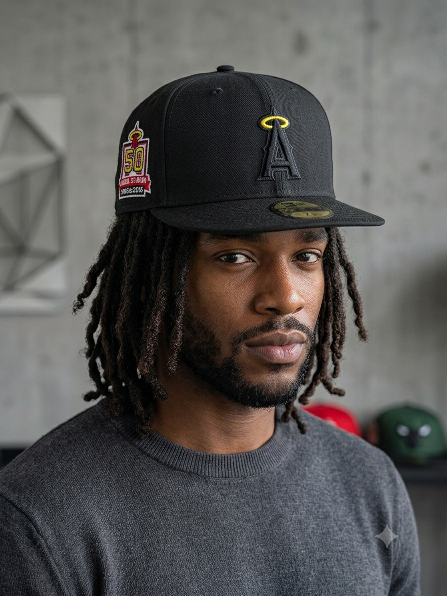 New Era Los Angeles Angels 59FIFTY fitted hat features a black crown with a gold-accented halo over the 'A' logo.