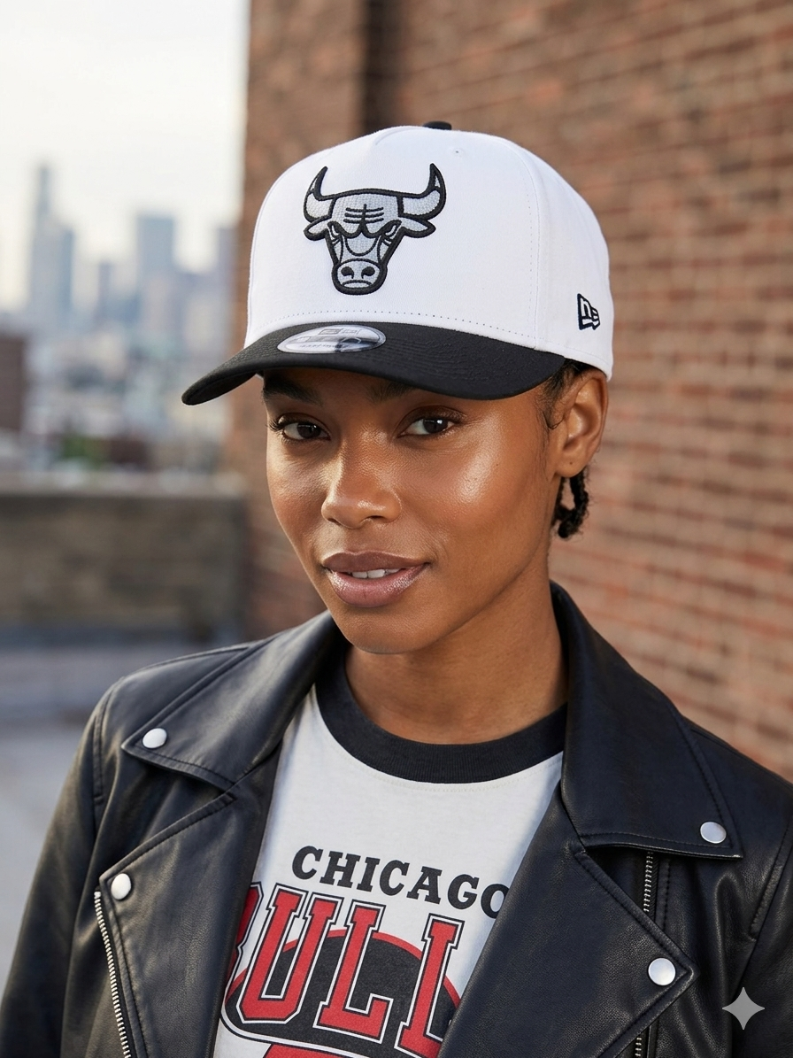 white and black New Era Chicago Bulls 9Forty A-Frame snapback cap features a contrasting metallic embroidered team logo.