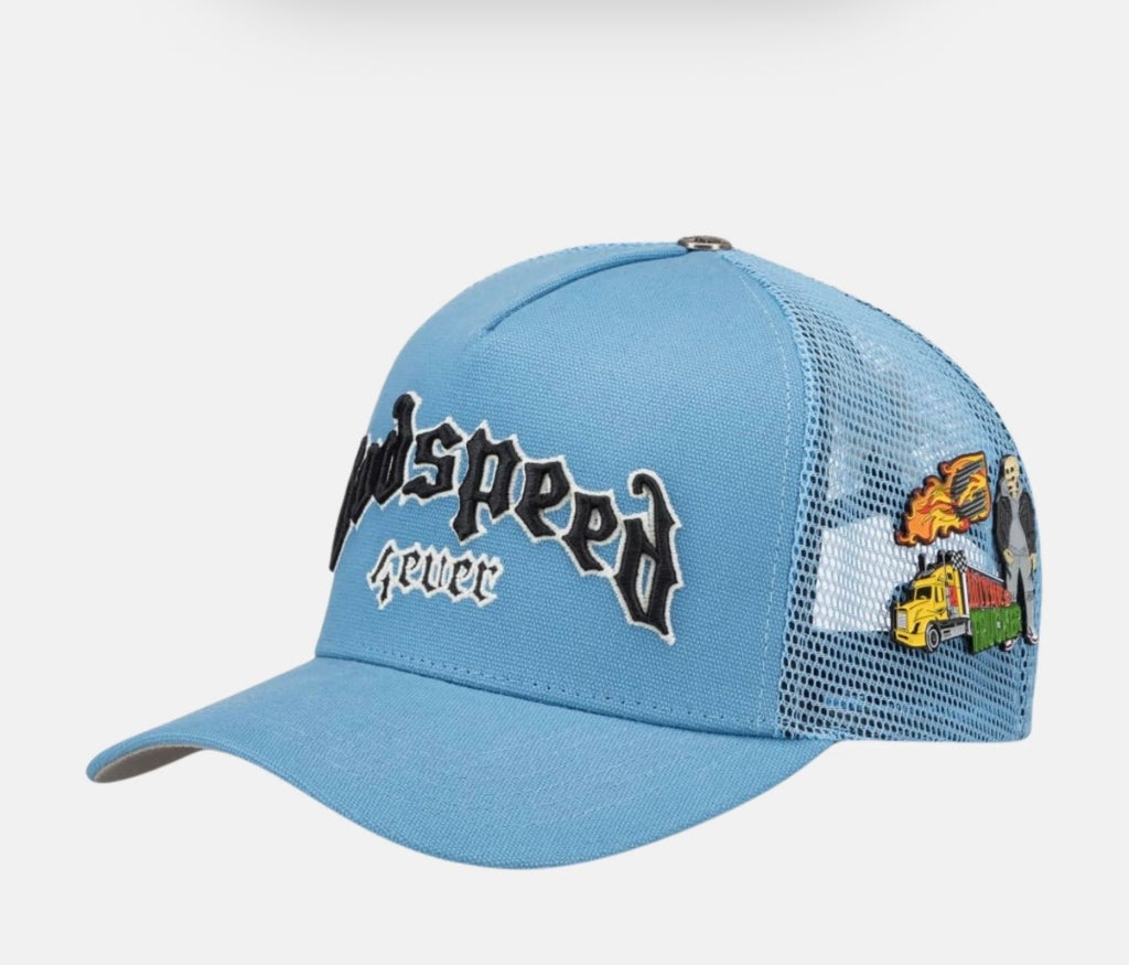 Godspeed GS Forever Trucker Hat in royal blue and black.