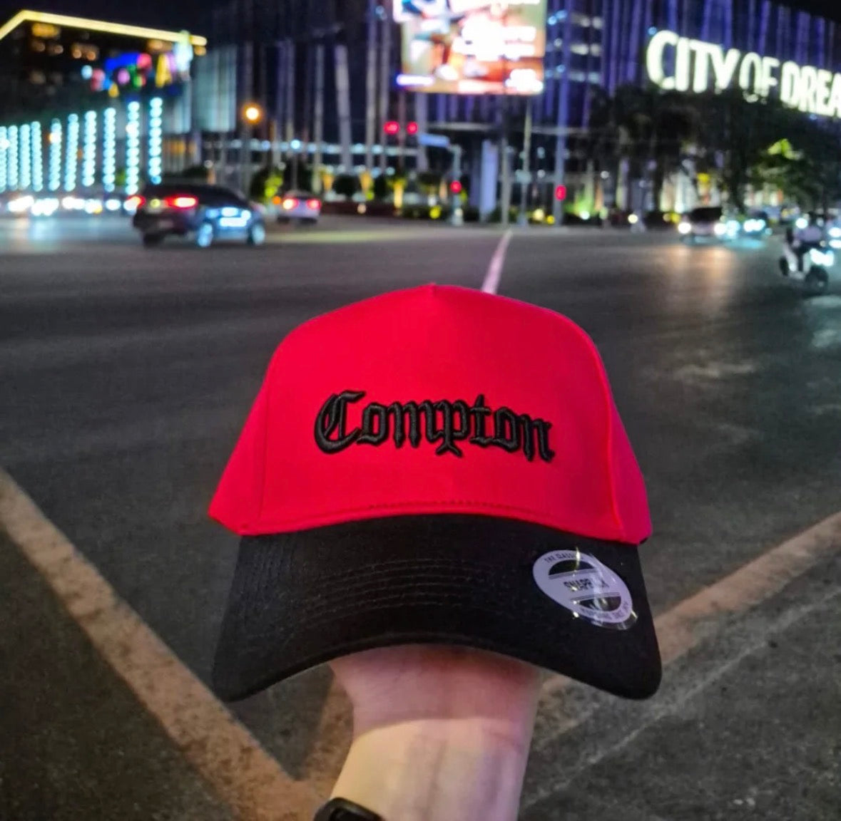 red and black Top Level Compton snapback features 3D embroidered Old English lettering on the front.