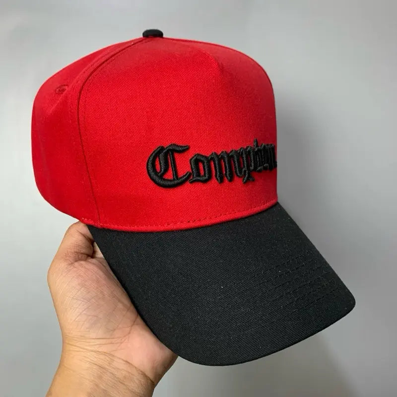 red and black Top Level Compton snapback features 3D embroidered Old English lettering on the front.