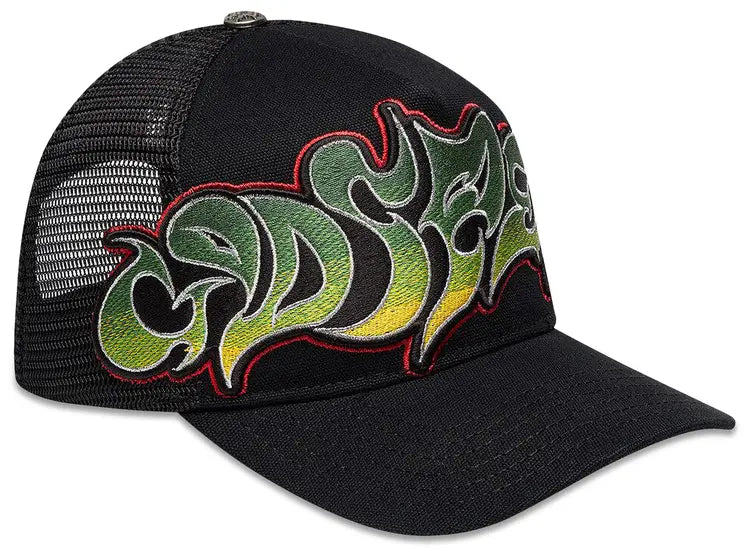 black Godspeed Neo Trucker Hat featuring a vibrant, multicolored embroidered flame-style logo.