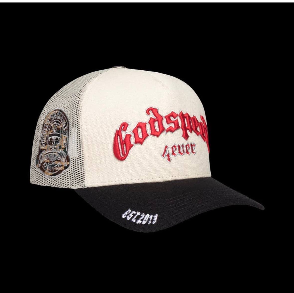 Godspeed "4ever" trucker hat, likely in the White/Black/Red colorway. 