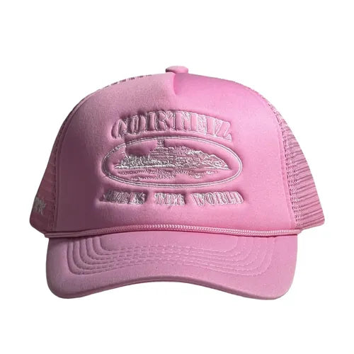 pink Corteiz Alcatraz Trucker Hat is a structured mesh-back cap featuring the British streetwear label's signature logo embroidered on the front. 