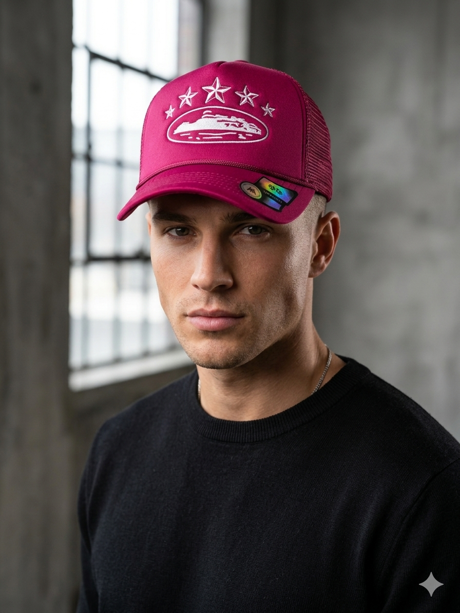 Wine Corteiz (CRTZ) trucker hat featuring white embroidered stars and an island logo on the fron