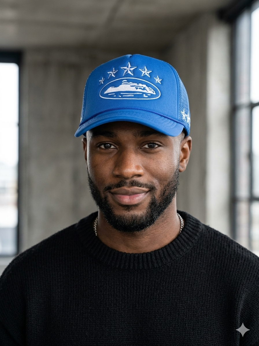Corteiz 5 Starz Alcatraz Trucker Hat in a blue color