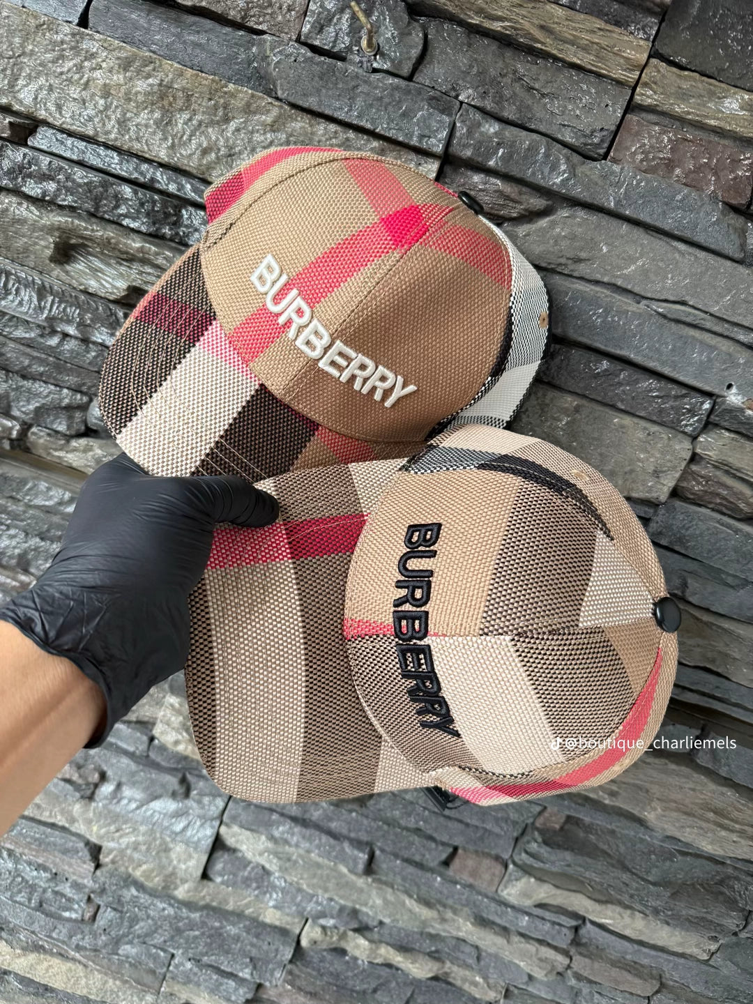 beige and black plaid Burberry logo baseball ca