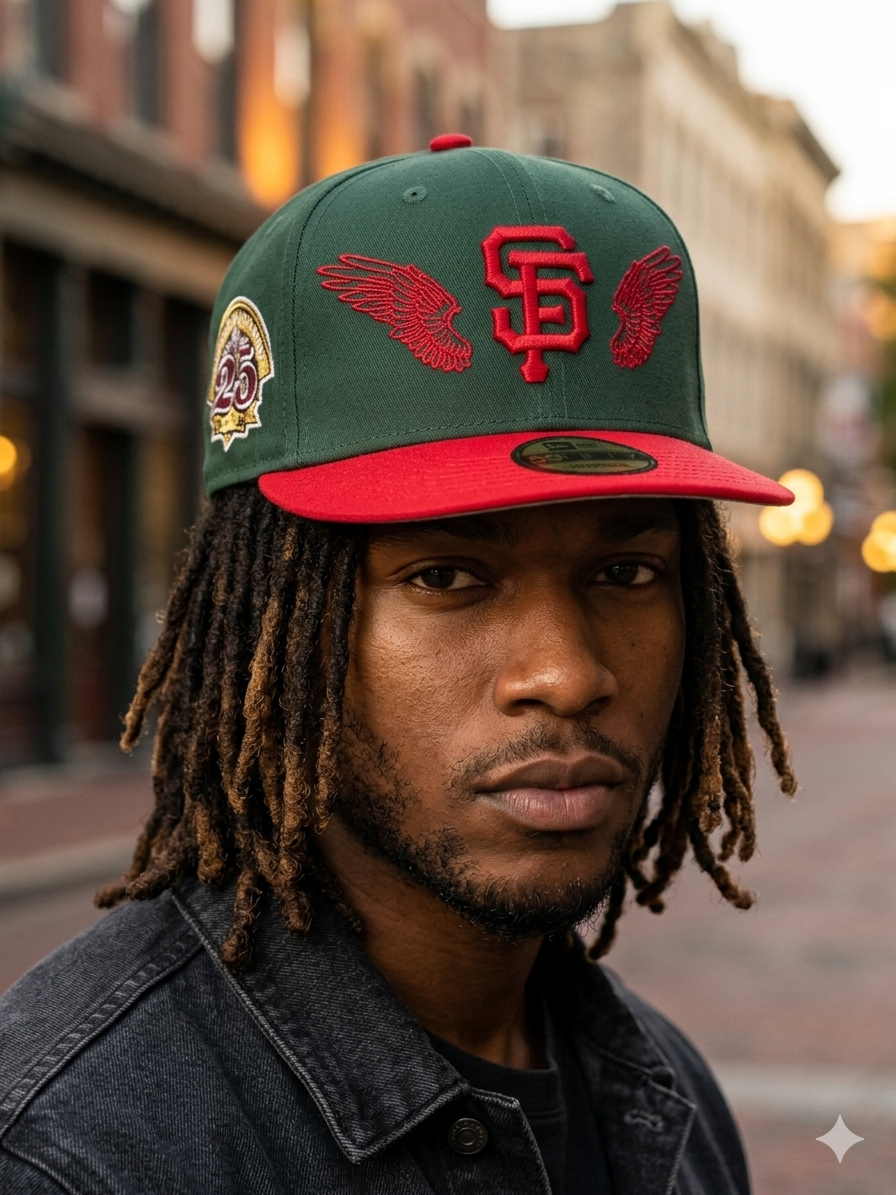 New Era San Francisco Giants 59FIFTY adjustable hat, featuring a green crown, red visor, and red embroidered wings